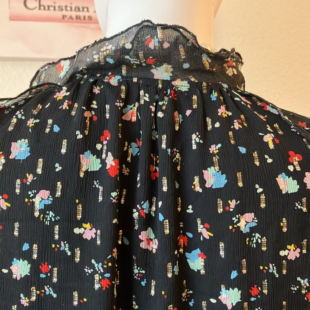 Sezane Josephine Mini Dress Silk Low Cut Ruffles Black w/ Pink Size FR 36 = US 4 - Picture 8 of 13